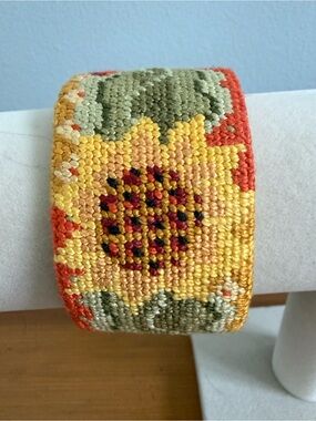 Hand-Embroidered Sunflower Needlepoint Cuff Bracelet - Yellow & Green